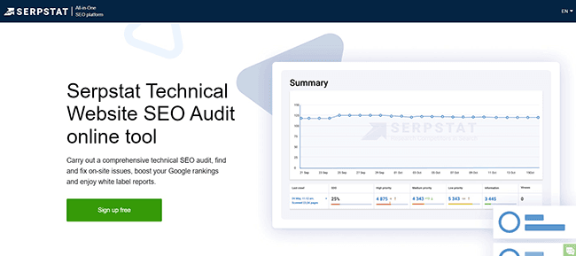 Página de inicio de la herramienta de auditoría del sitio web de Serpstat