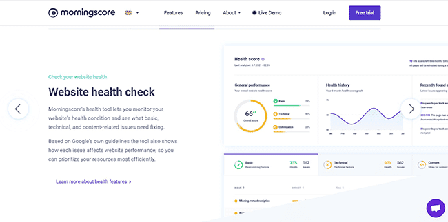 Página de inicio de Health Check en el sitio web de Morningscore