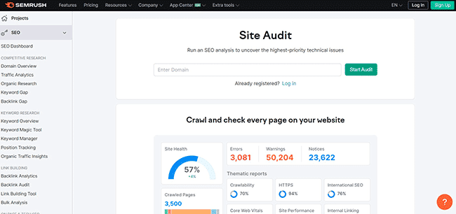 Página de inicio de auditoría web de Semrush