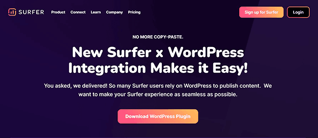 Página de inicio integrada de SurferSEO WordPress